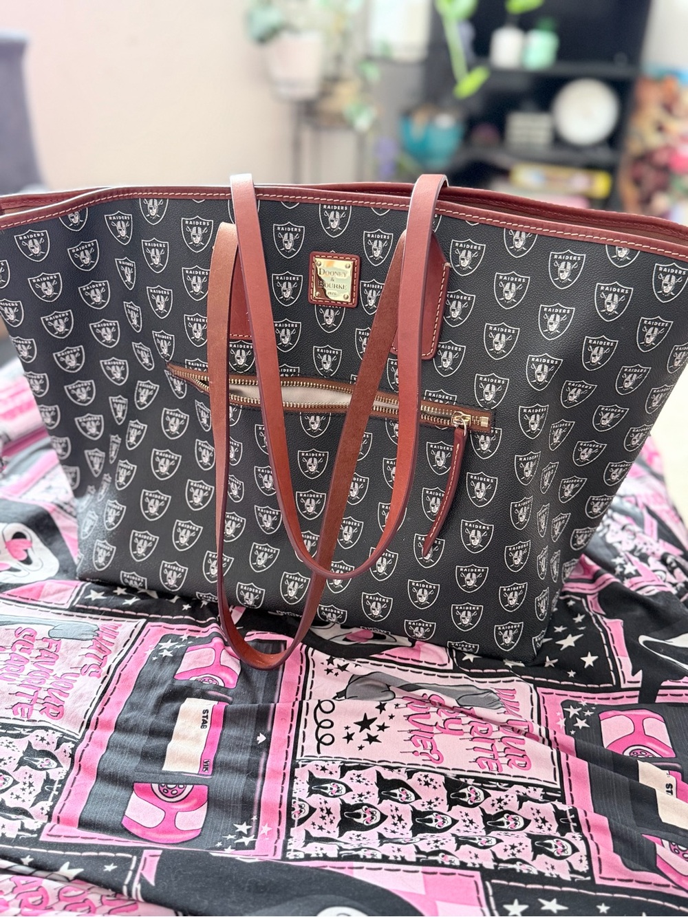 Dooney & Bourke Black Logo Tote with Brown Trim and Straps